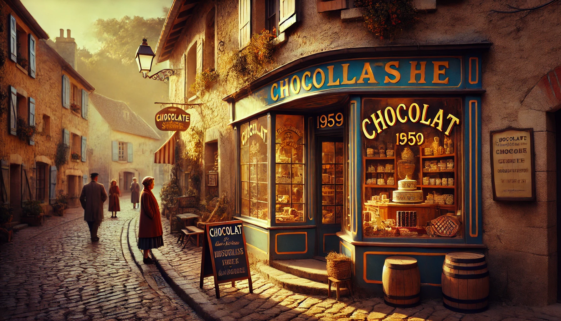 1959年のフランスの村を舞台にした映画『ショコラ』のチョコレート店のシーン。温かみのある街並みと穏やかな午後の日差しが映し出される。
