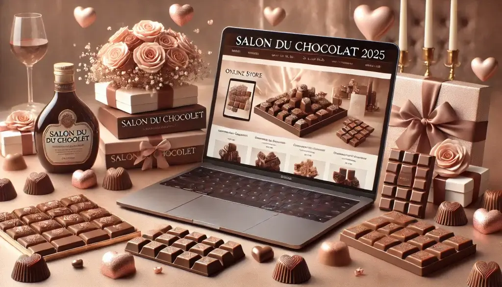 Here is the image for your Salon du Chocolat 2025 article. It is designed to capture the luxurious and sophisticated theme of the event with a focus on high-end chocolates and the convenience of online shopping